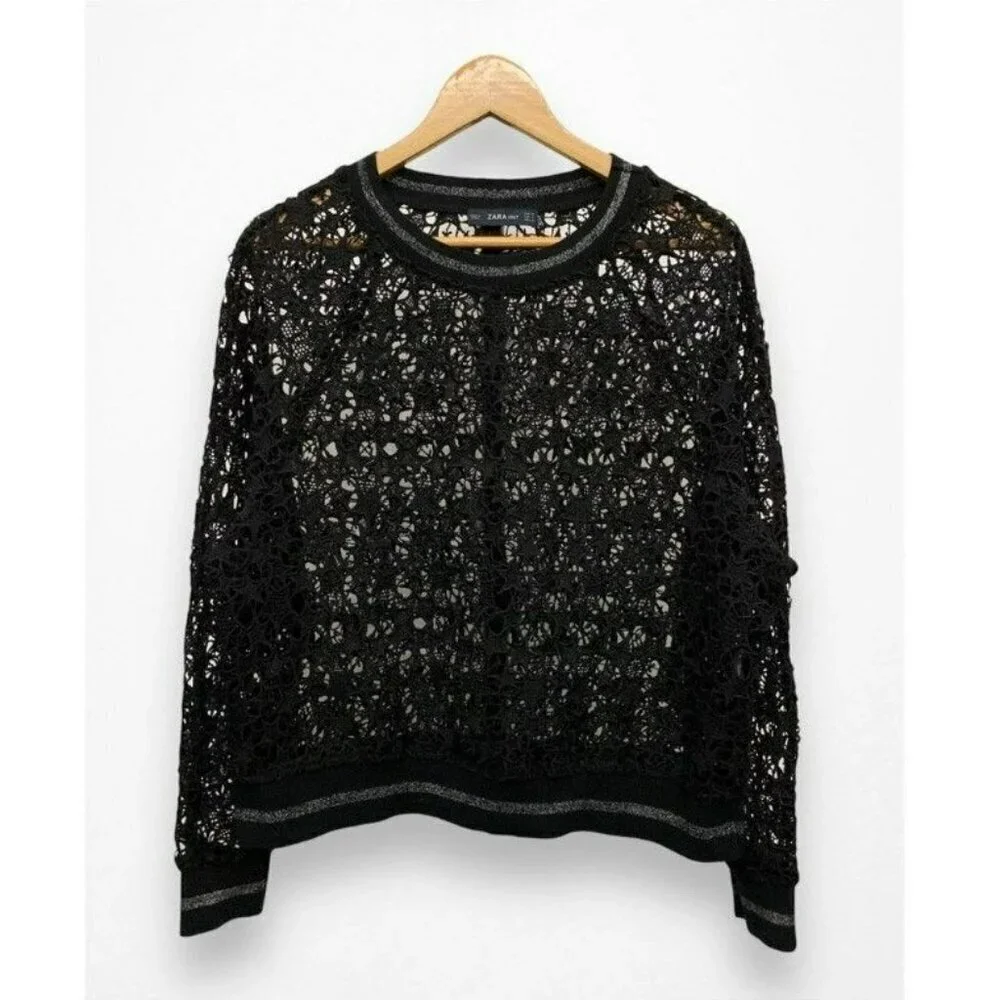 2/$30 Zara Knit Womens Medium Top Floral Crochet Black Lace Long Sleeve Knitwear